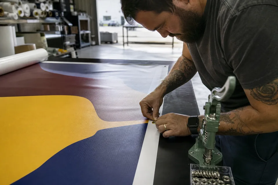 Worker finishing a large vinyl banner on a hemming table