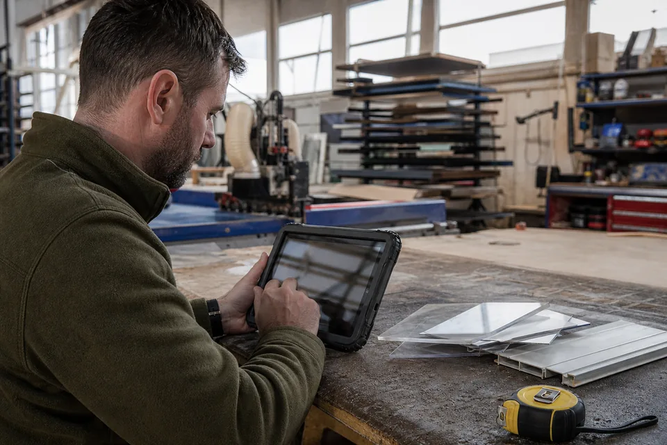 Sign shop estimator at a workbench with a tablet and material samples