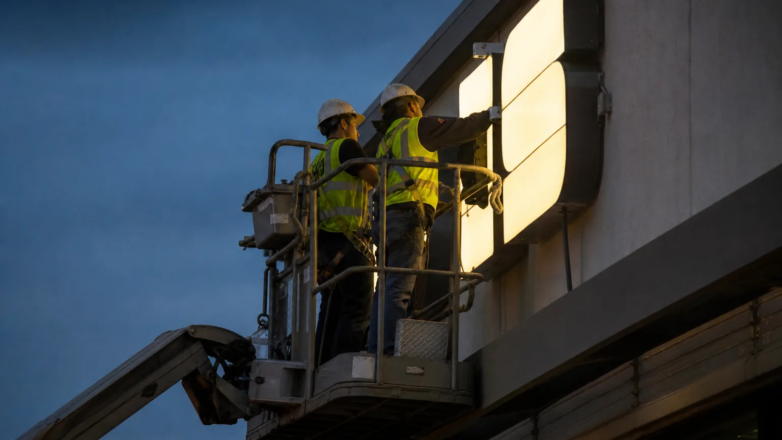 Install crew on a boom lift mounting a sign at dusk
