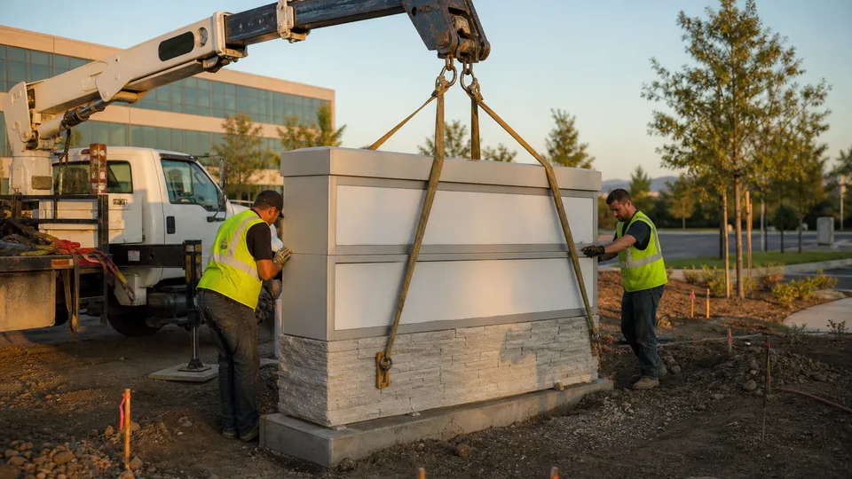 Crew setting a monument sign with a small crane
