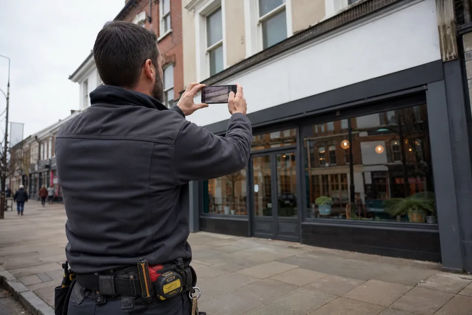 Sign shop owner photographing a storefront with a phone