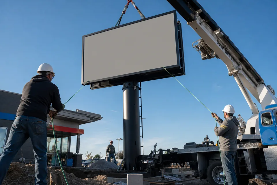Crew setting a pylon sign cabinet with a crane