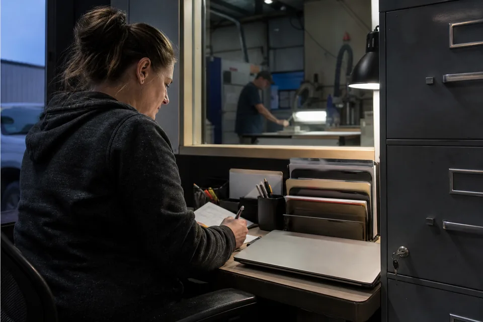 Shop office with a laptop and a locked file cabinet