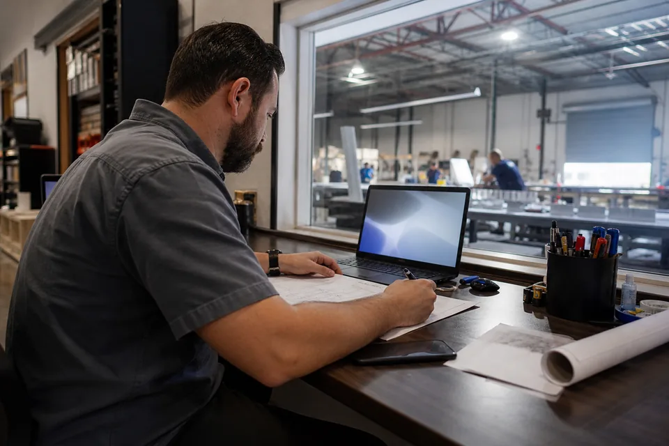 Sign shop estimator at a desk overlooking the fabrication floor